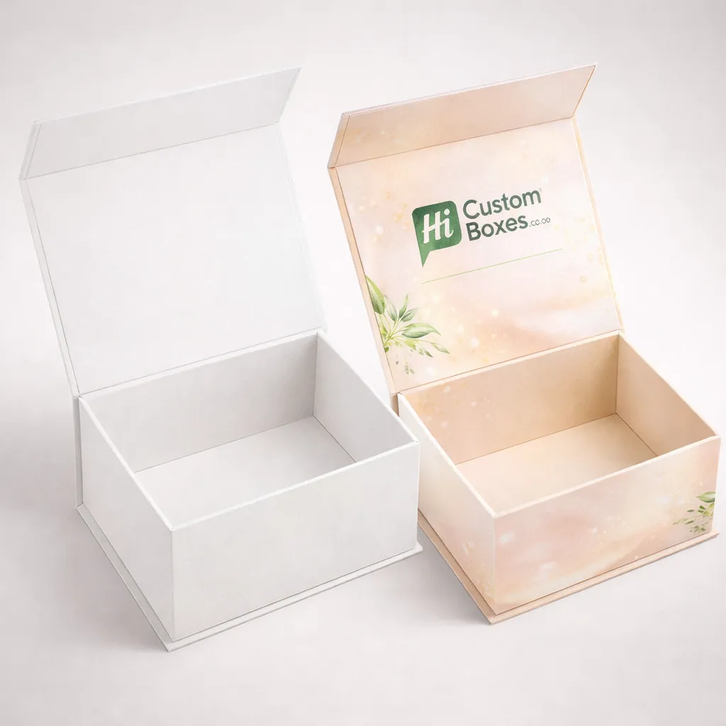Two open rectangular gift boxes with hinged lids, one plain white and one with floral designs. class=